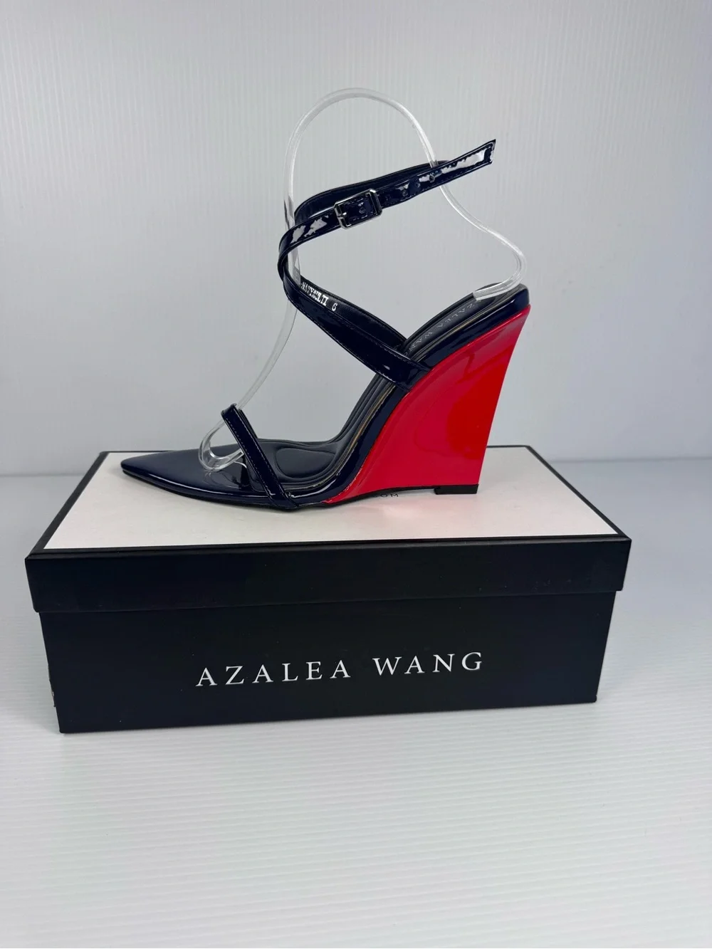 Azalea Wang Seung Navy Multi Patent Wedge Heels | Strappy Pointed Toe Sz 6 - 7.5